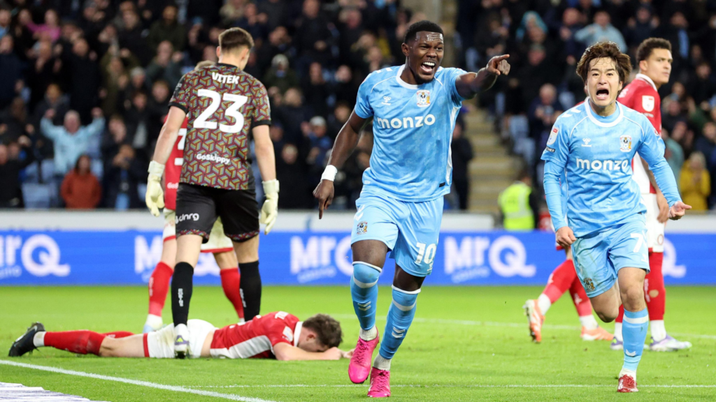 Ephrem Mason-Clark and Tatsuhiro Sakamoto celebrate a goal for Coventry.